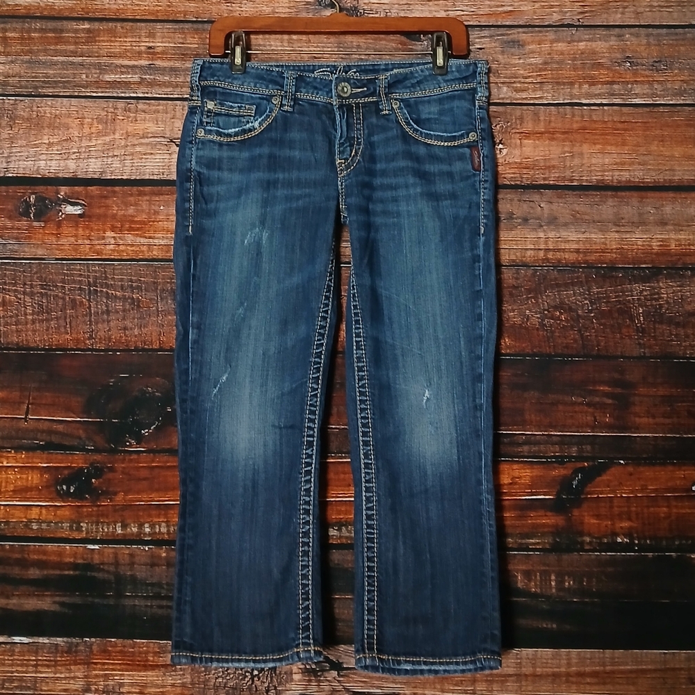 Silver Jeans 29 Aiko Capri Low Rise Distressed Dark Wash Blue Denim Stretch